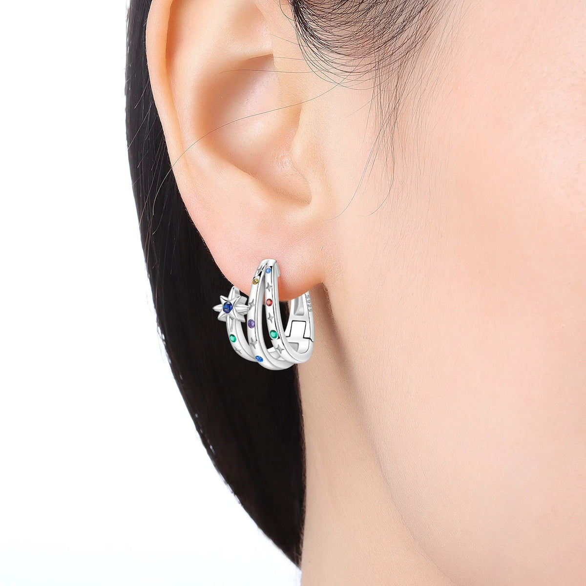 Orstarry Original 925 Sterling Silver Double Circle Colored Starry Sky Earrings Women Hoop Earring Anniversary Jewelry Gifts