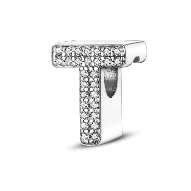 Hot Sale Silver 925 Charms Pink Zircon pave 26 Letter English Alphabet Bead Pendant Fit Pan Original Bracelet DIY Jewelry Making