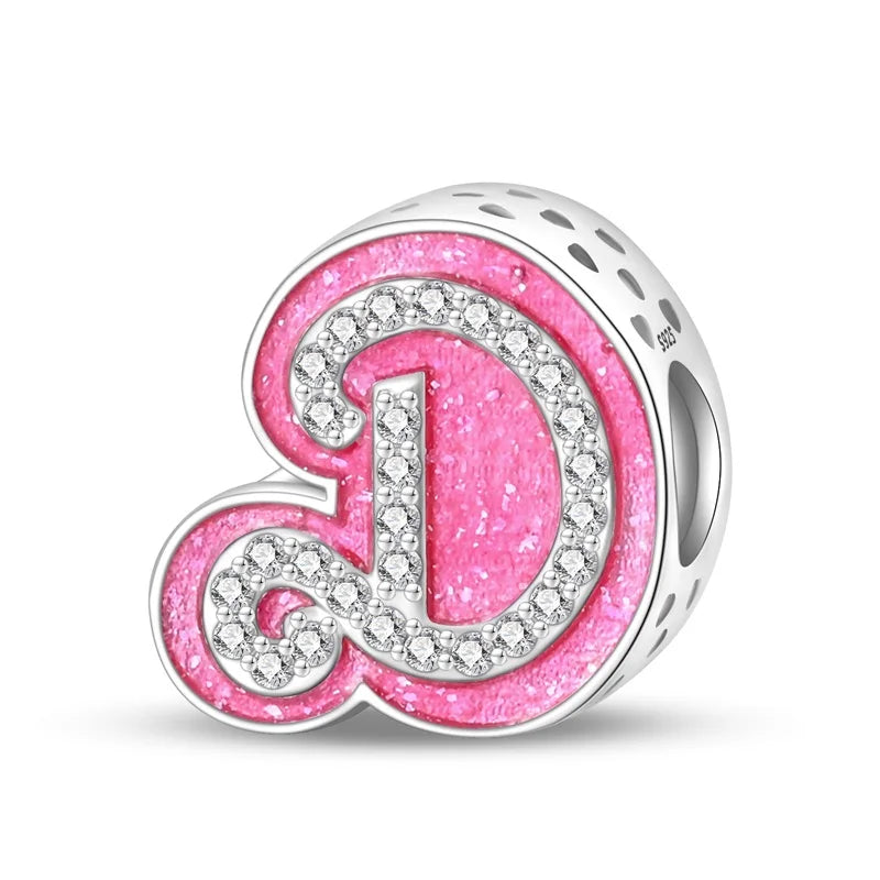 Hot Sale Silver 925 Charms Pink Zircon pave 26 Letter English Alphabet Bead Pendant Fit Pan Original Bracelet DIY Jewelry Making