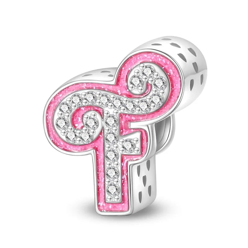 Hot Sale Silver 925 Charms Pink Zircon pave 26 Letter English Alphabet Bead Pendant Fit Pan Original Bracelet DIY Jewelry Making