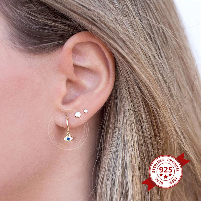 VENTFILLE 925 Sterling Silver Devil's EyeEarrings For Women Simple Cute Zircon Ear Buckle Retro Jewelry Wholesale