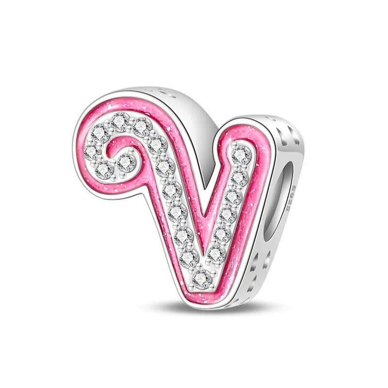 Hot Sale Silver 925 Charms Pink Zircon pave 26 Letter English Alphabet Bead Pendant Fit Pan Original Bracelet DIY Jewelry Making