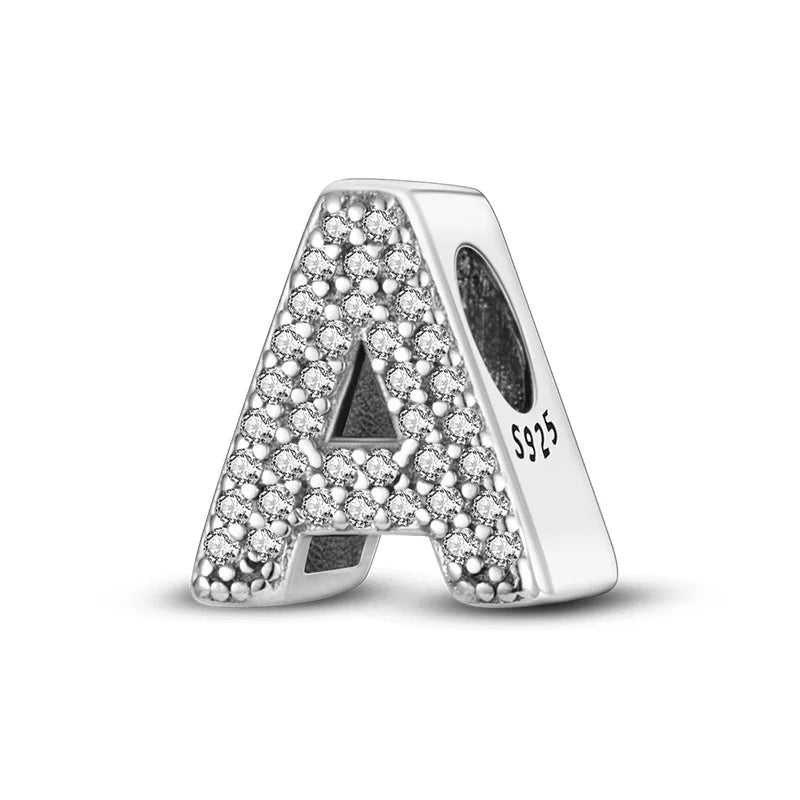 Hot Sale Silver 925 Charms Pink Zircon pave 26 Letter English Alphabet Bead Pendant Fit Pan Original Bracelet DIY Jewelry Making