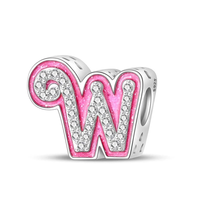 Hot Sale Silver 925 Charms Pink Zircon pave 26 Letter English Alphabet Bead Pendant Fit Pan Original Bracelet DIY Jewelry Making