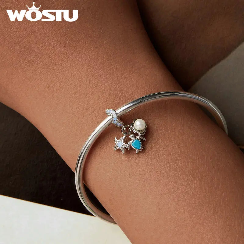 WOSTU 925 Sterling Silver Stars Heart Shape Cute Charms Bead For Women Fit Original Bracelet Necklace Valentine Jewelry Gift DIY