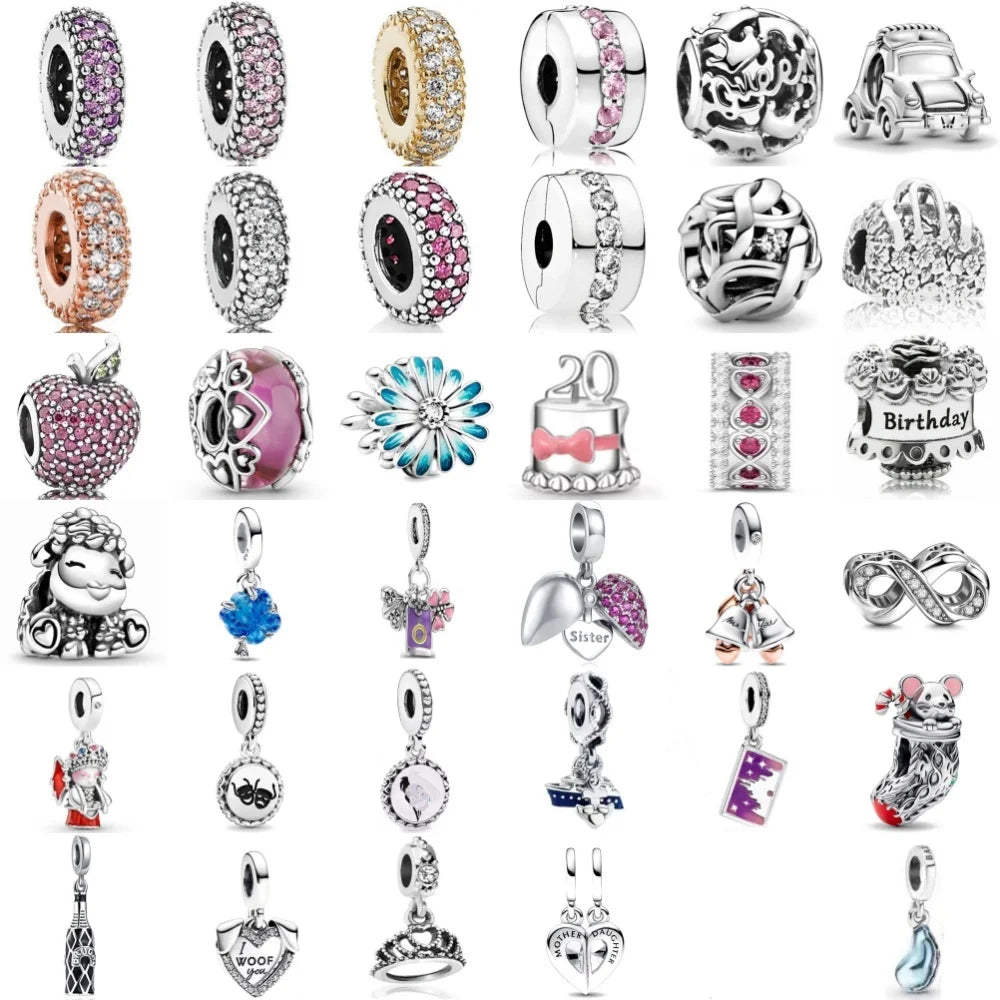 High Quality 925 Silver White Pink Zircon Bead Clip Daisy, Car, Bag Suitable For Original Bracelets DIY AccessoriesCharm Jewelry