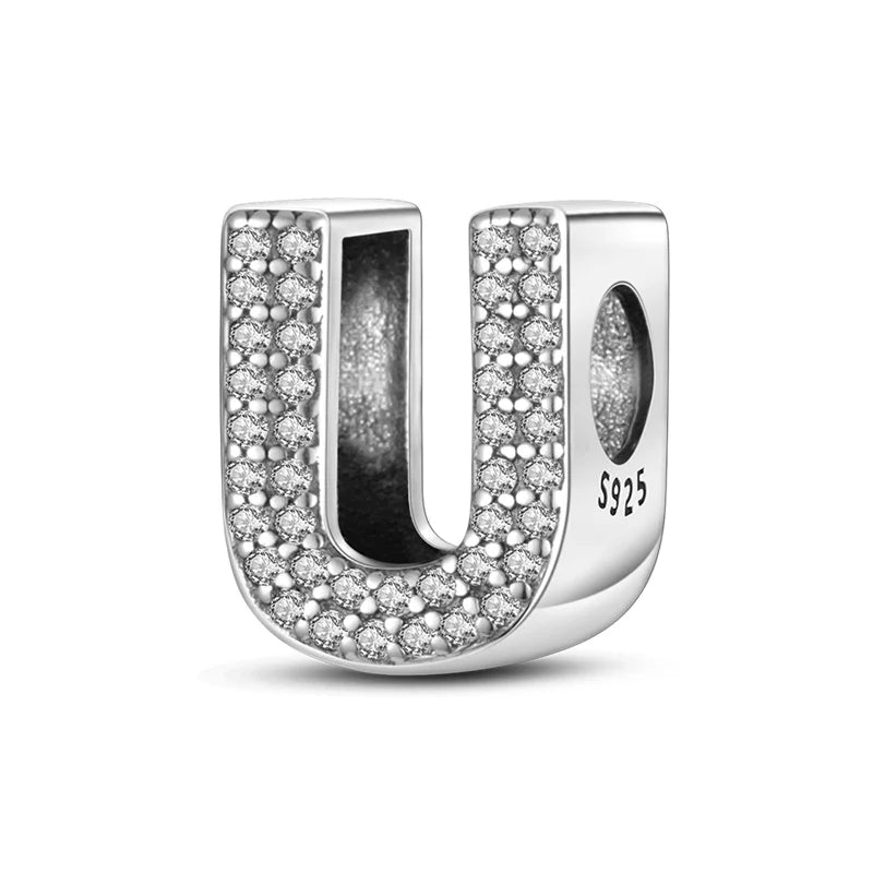 Hot Sale Silver 925 Charms Pink Zircon pave 26 Letter English Alphabet Bead Pendant Fit Pan Original Bracelet DIY Jewelry Making