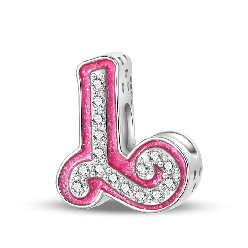Hot Sale Silver 925 Charms Pink Zircon pave 26 Letter English Alphabet Bead Pendant Fit Pan Original Bracelet DIY Jewelry Making