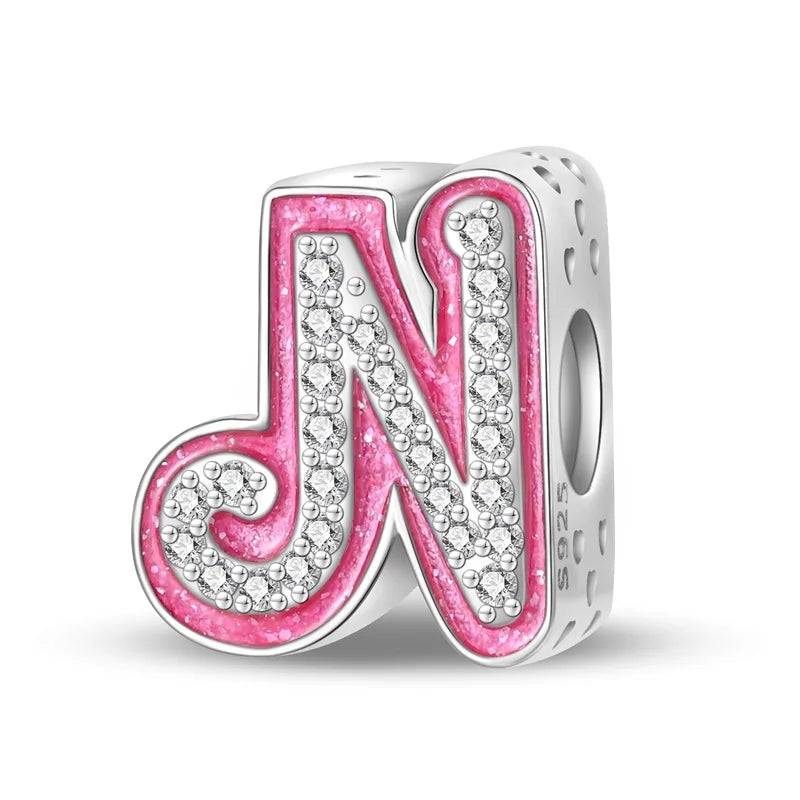 Hot Sale Silver 925 Charms Pink Zircon pave 26 Letter English Alphabet Bead Pendant Fit Pan Original Bracelet DIY Jewelry Making