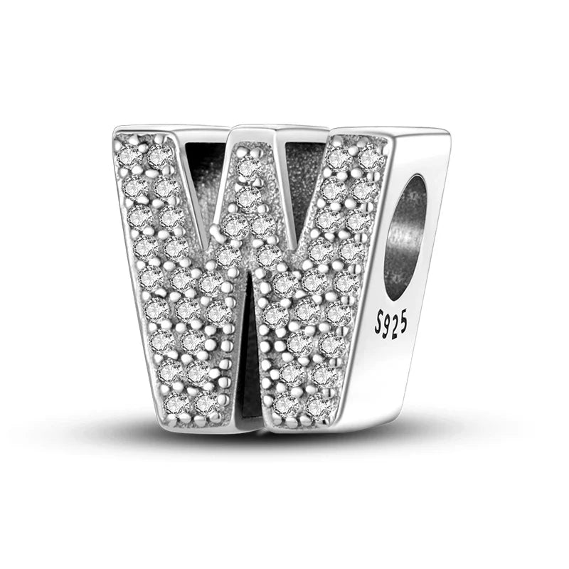 Hot Sale Silver 925 Charms Pink Zircon pave 26 Letter English Alphabet Bead Pendant Fit Pan Original Bracelet DIY Jewelry Making