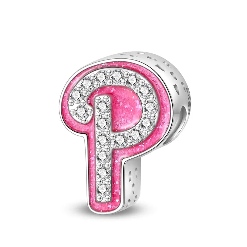 Hot Sale Silver 925 Charms Pink Zircon pave 26 Letter English Alphabet Bead Pendant Fit Pan Original Bracelet DIY Jewelry Making