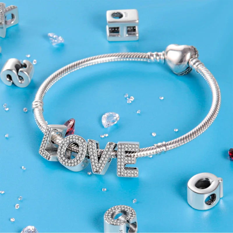 Hot Sale Silver 925 Charms Pink Zircon pave 26 Letter English Alphabet Bead Pendant Fit Pan Original Bracelet DIY Jewelry Making