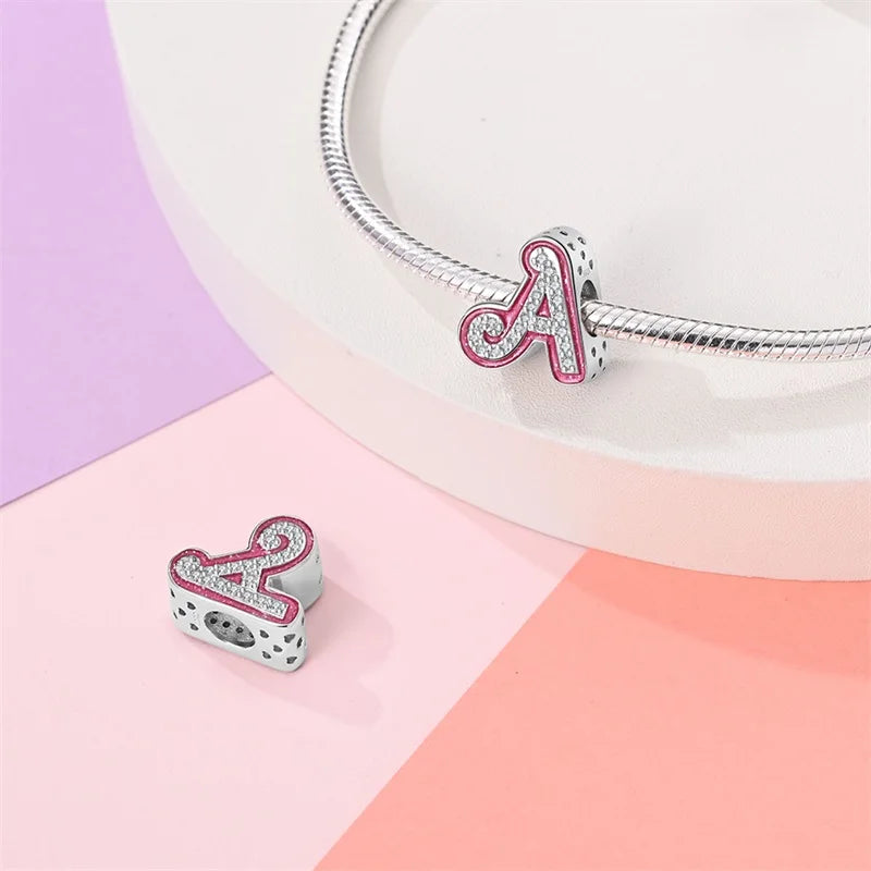 Hot Sale Silver 925 Charms Pink Zircon pave 26 Letter English Alphabet Bead Pendant Fit Pan Original Bracelet DIY Jewelry Making
