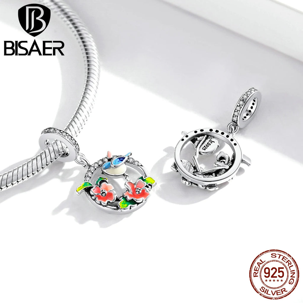 BISAER Secret Garden Beads 925 Sterling Silver Flower Bee Cat Animal Charms Pendant Fit DIY Bracelet Necklace Jewelry