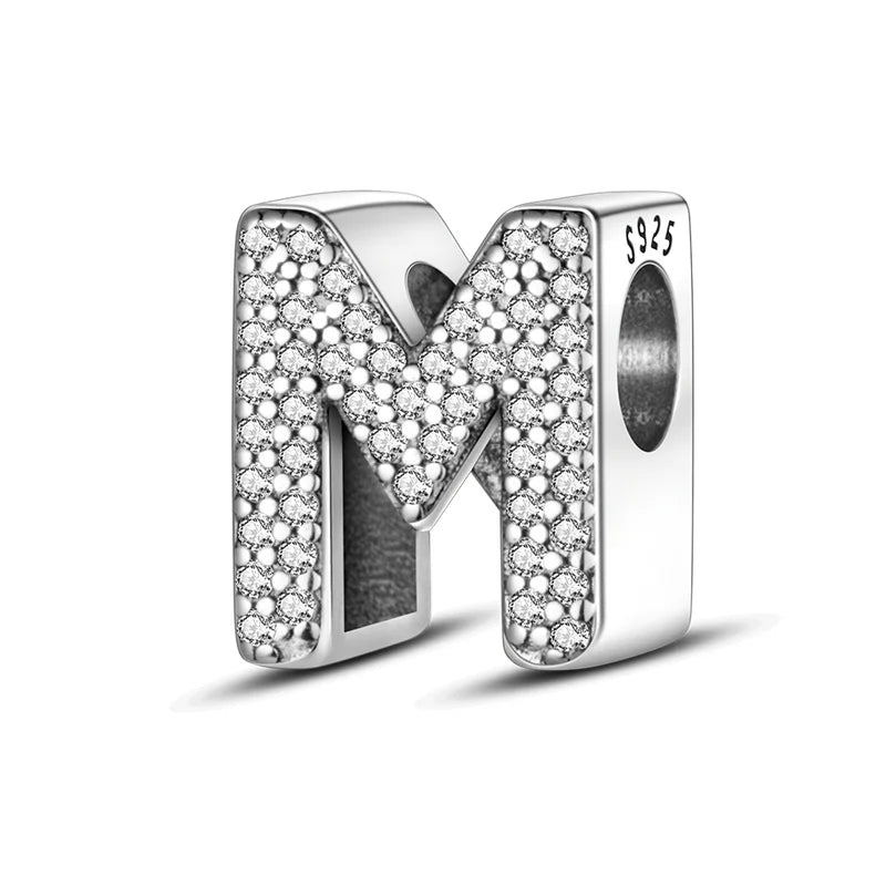 Hot Sale Silver 925 Charms Pink Zircon pave 26 Letter English Alphabet Bead Pendant Fit Pan Original Bracelet DIY Jewelry Making
