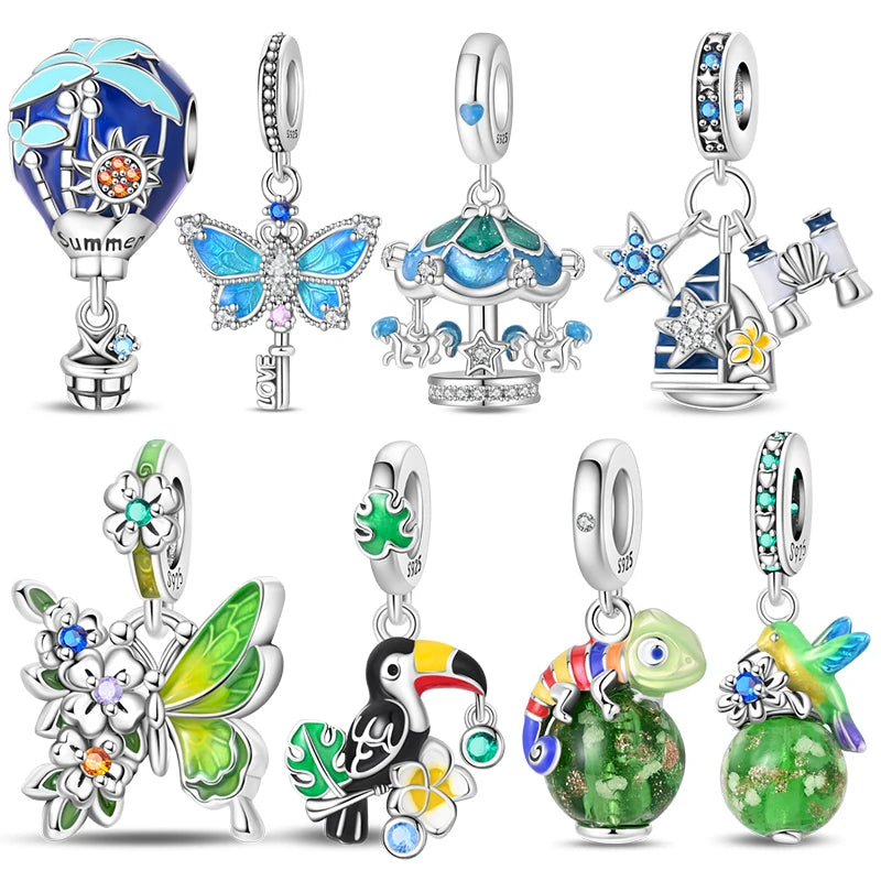 Charms Plata De Ley Blue and Green Pendant Beads Fits 3mm Bracelet Bangle Necklace For Women Luxury DIY Jewelry Making Fine Gift