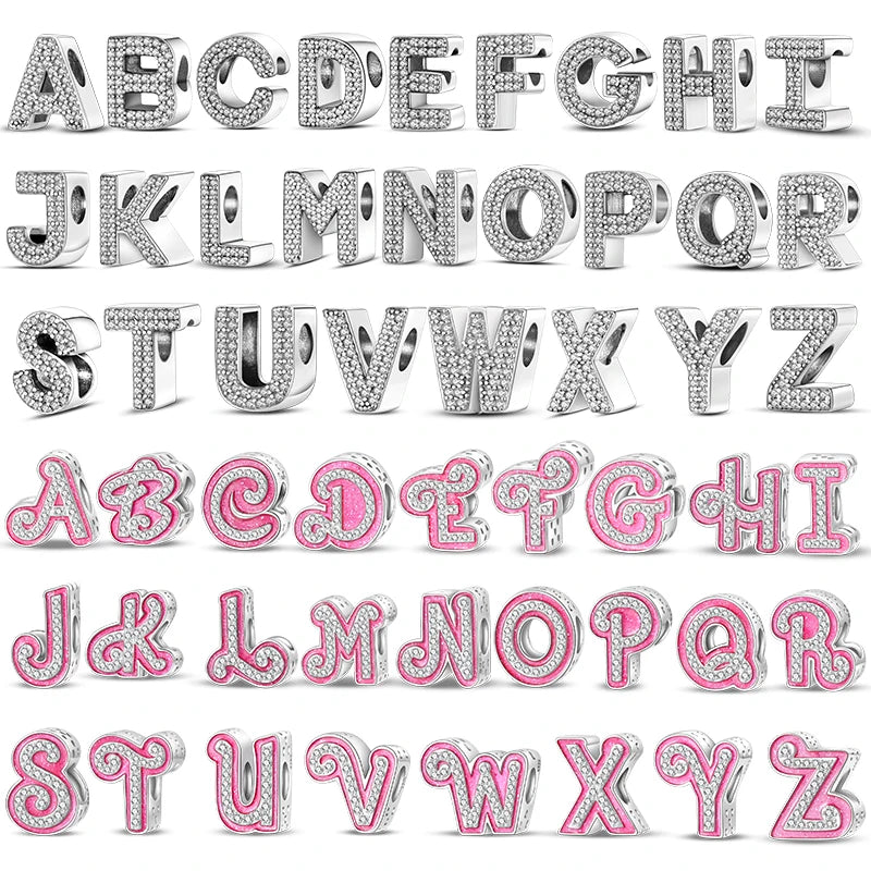 Hot Sale Silver 925 Charms Pink Zircon pave 26 Letter English Alphabet Bead Pendant Fit Pan Original Bracelet DIY Jewelry Making