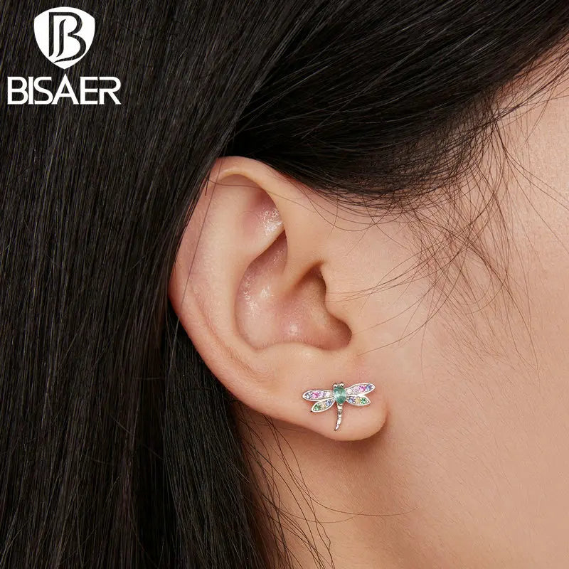 BISAER 925 Sterling Silver Colored Zircon Dragonfly Jewelry Set Earrings Adjustable Ring Plated Platinum For Women Elegant Party