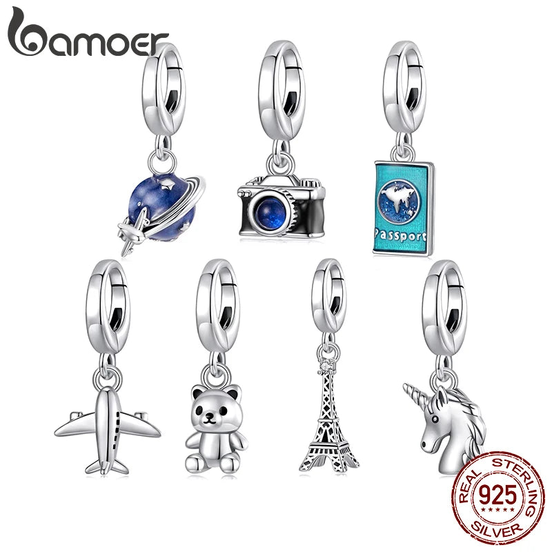 BAMOER Travel Serise Solid 925 Sterling Silver Passport Camera Airplane Charm Pendant fit Original Bracelet DIY Jewelry Beads