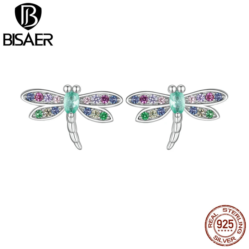 BISAER 925 Sterling Silver Colored Zircon Dragonfly Jewelry Set Earrings Adjustable Ring Plated Platinum For Women Elegant Party