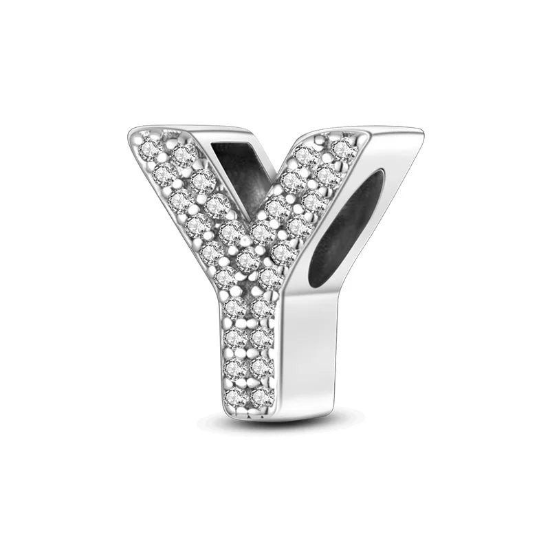 Hot Sale Silver 925 Charms Pink Zircon pave 26 Letter English Alphabet Bead Pendant Fit Pan Original Bracelet DIY Jewelry Making