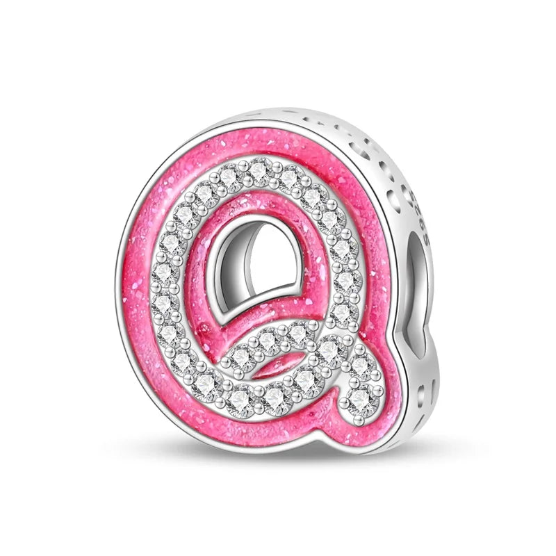 Hot Sale Silver 925 Charms Pink Zircon pave 26 Letter English Alphabet Bead Pendant Fit Pan Original Bracelet DIY Jewelry Making