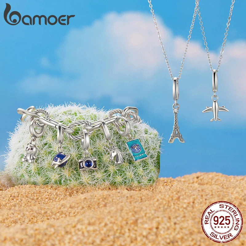 BAMOER Travel Serise Solid 925 Sterling Silver Passport Camera Airplane Charm Pendant fit Original Bracelet DIY Jewelry Beads