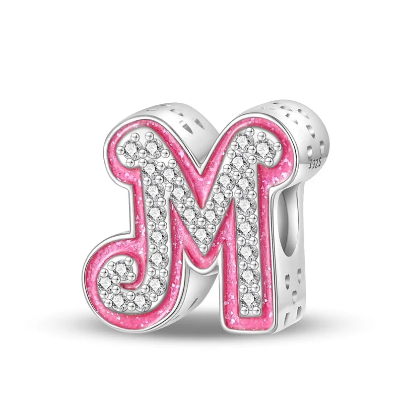 Hot Sale Silver 925 Charms Pink Zircon pave 26 Letter English Alphabet Bead Pendant Fit Pan Original Bracelet DIY Jewelry Making