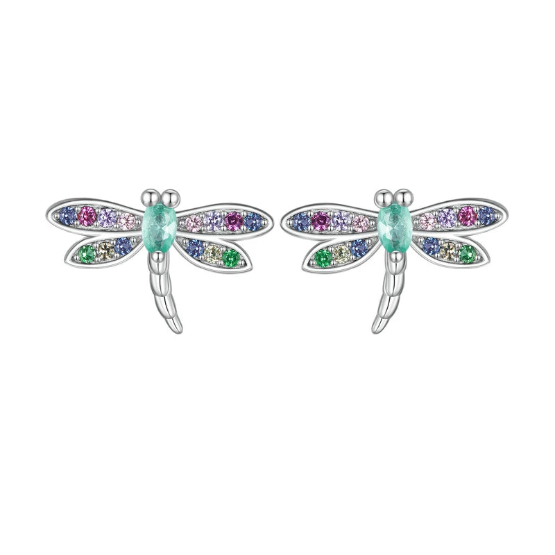 BISAER 925 Sterling Silver Colored Zircon Dragonfly Jewelry Set Earrings Adjustable Ring Plated Platinum For Women Elegant Party