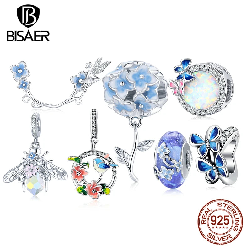 BISAER Secret Garden Beads 925 Sterling Silver Flower Bee Cat Animal Charms Pendant Fit DIY Bracelet Necklace Jewelry