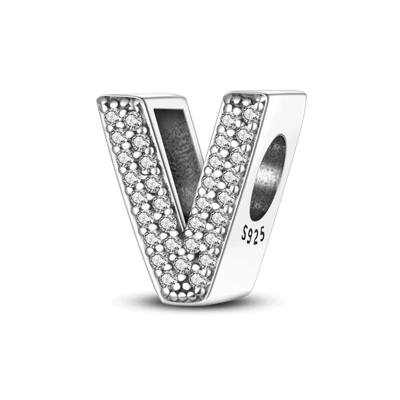 Hot Sale Silver 925 Charms Pink Zircon pave 26 Letter English Alphabet Bead Pendant Fit Pan Original Bracelet DIY Jewelry Making