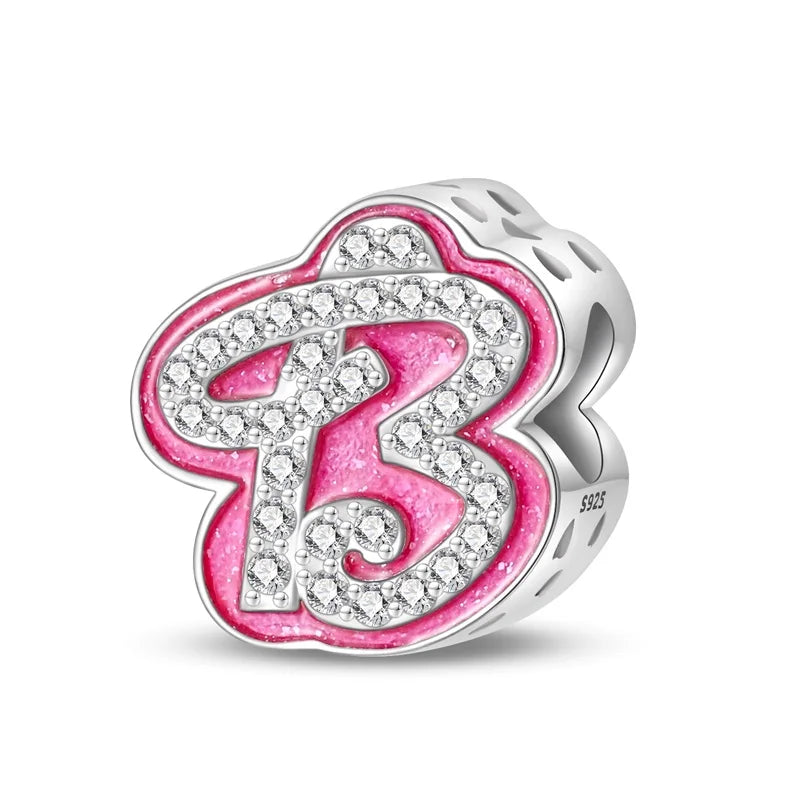 Hot Sale Silver 925 Charms Pink Zircon pave 26 Letter English Alphabet Bead Pendant Fit Pan Original Bracelet DIY Jewelry Making