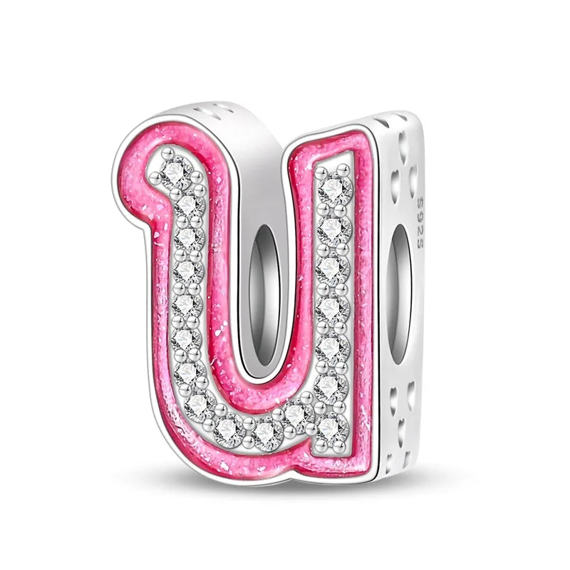 Hot Sale Silver 925 Charms Pink Zircon pave 26 Letter English Alphabet Bead Pendant Fit Pan Original Bracelet DIY Jewelry Making
