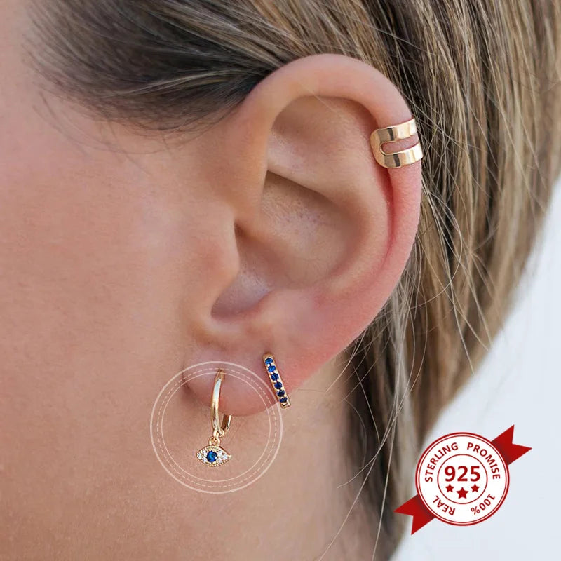VENTFILLE 925 Sterling Silver Devil's EyeEarrings For Women Simple Cute Zircon Ear Buckle Retro Jewelry Wholesale