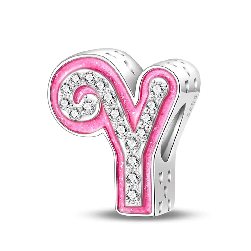 Hot Sale Silver 925 Charms Pink Zircon pave 26 Letter English Alphabet Bead Pendant Fit Pan Original Bracelet DIY Jewelry Making