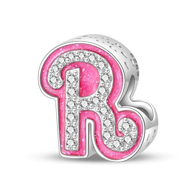 Hot Sale Silver 925 Charms Pink Zircon pave 26 Letter English Alphabet Bead Pendant Fit Pan Original Bracelet DIY Jewelry Making