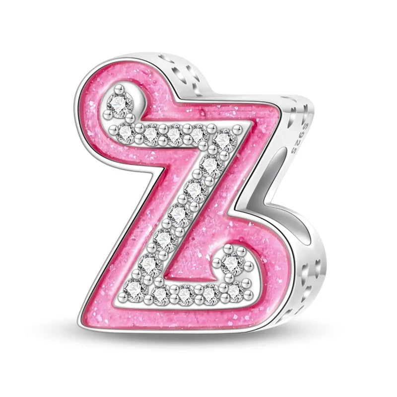 Hot Sale Silver 925 Charms Pink Zircon pave 26 Letter English Alphabet Bead Pendant Fit Pan Original Bracelet DIY Jewelry Making