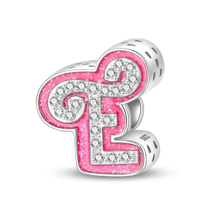 Hot Sale Silver 925 Charms Pink Zircon pave 26 Letter English Alphabet Bead Pendant Fit Pan Original Bracelet DIY Jewelry Making
