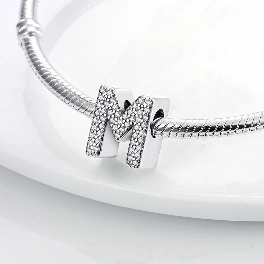 Hot Sale Silver 925 Charms Pink Zircon pave 26 Letter English Alphabet Bead Pendant Fit Pan Original Bracelet DIY Jewelry Making