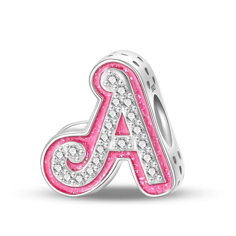 Hot Sale Silver 925 Charms Pink Zircon pave 26 Letter English Alphabet Bead Pendant Fit Pan Original Bracelet DIY Jewelry Making