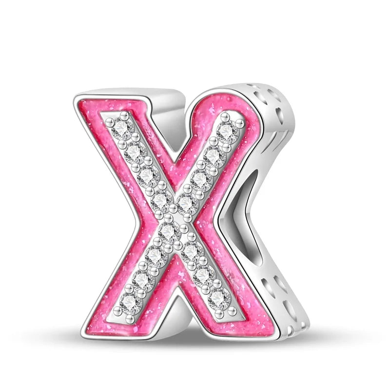 Hot Sale Silver 925 Charms Pink Zircon pave 26 Letter English Alphabet Bead Pendant Fit Pan Original Bracelet DIY Jewelry Making