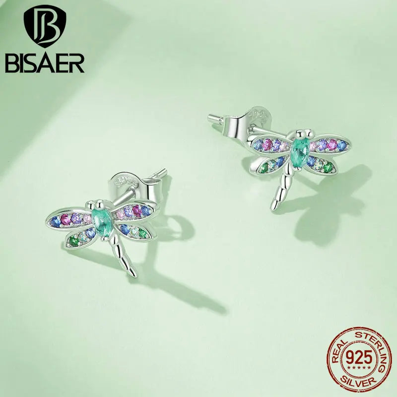 BISAER 925 Sterling Silver Colored Zircon Dragonfly Jewelry Set Earrings Adjustable Ring Plated Platinum For Women Elegant Party