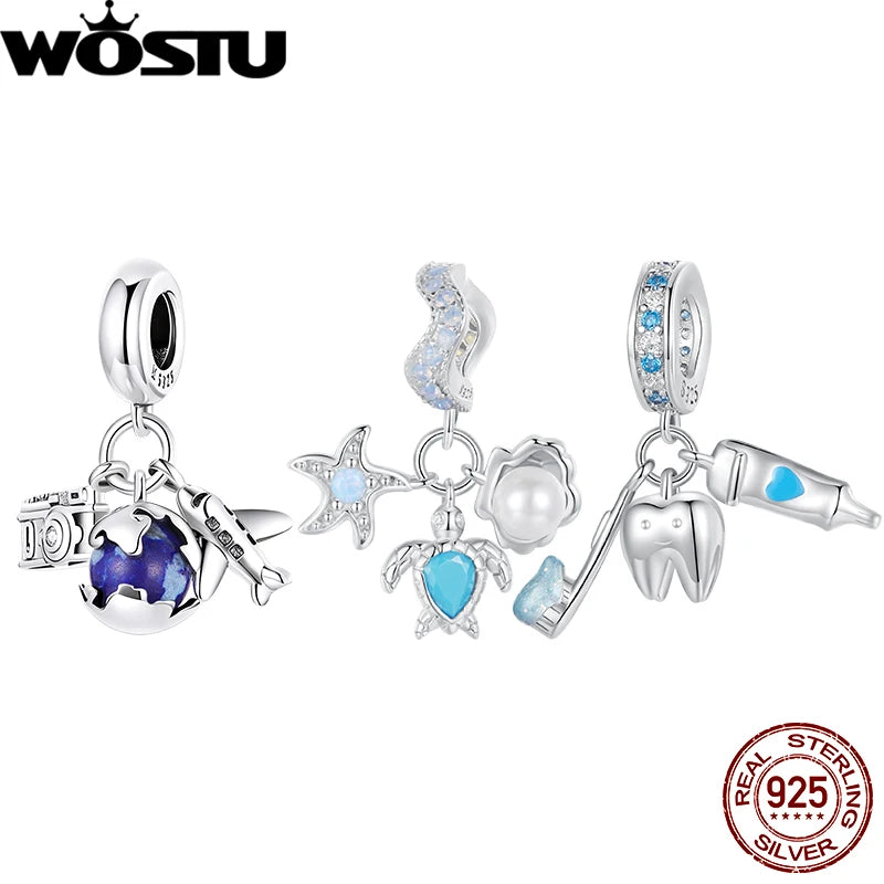 WOSTU 925 Sterling Silver Stars Heart Shape Cute Charms Bead For Women Fit Original Bracelet Necklace Valentine Jewelry Gift DIY