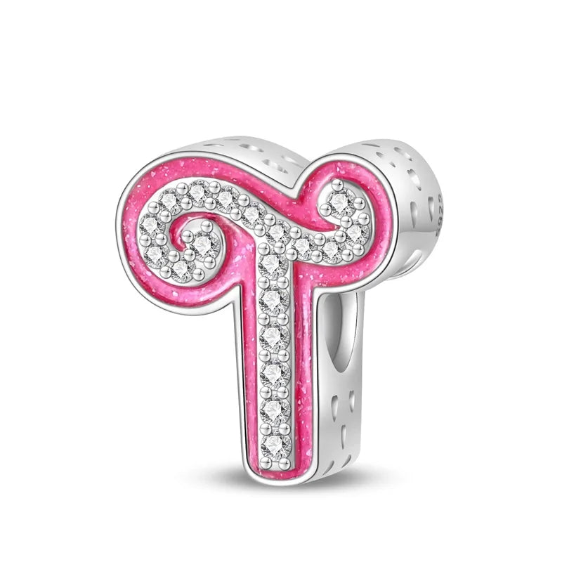 Hot Sale Silver 925 Charms Pink Zircon pave 26 Letter English Alphabet Bead Pendant Fit Pan Original Bracelet DIY Jewelry Making