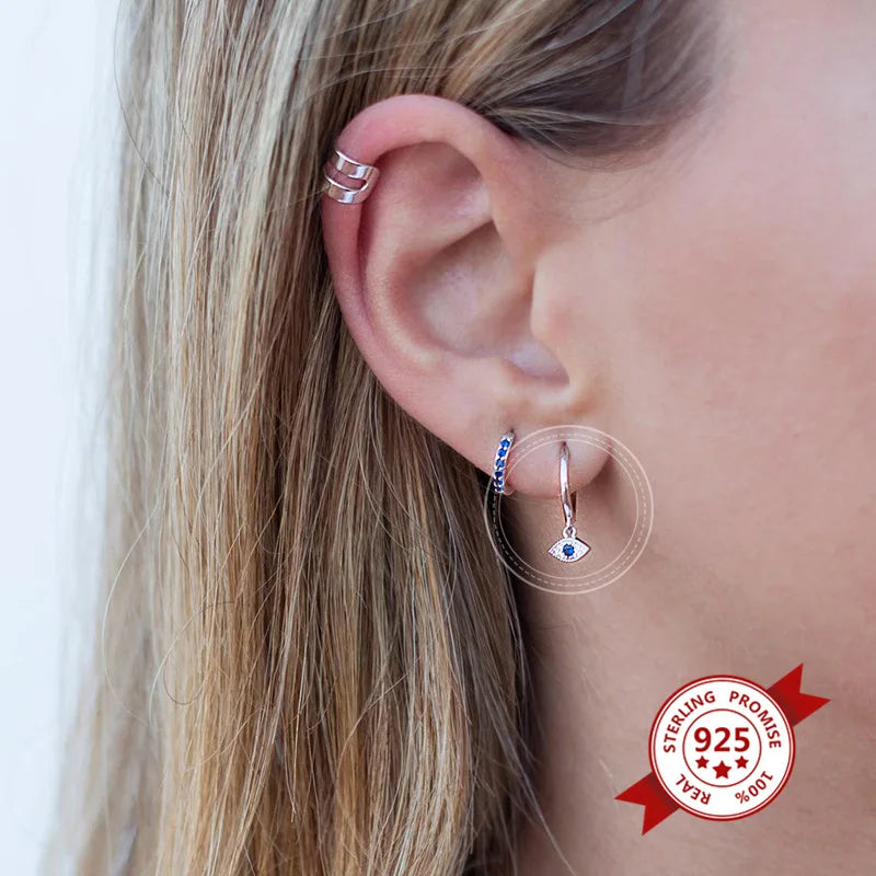 VENTFILLE 925 Sterling Silver Devil's EyeEarrings For Women Simple Cute Zircon Ear Buckle Retro Jewelry Wholesale